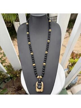 Buddha Necklace. Black with Gold Accent Beads. Mala Style Necklace. Vintage.